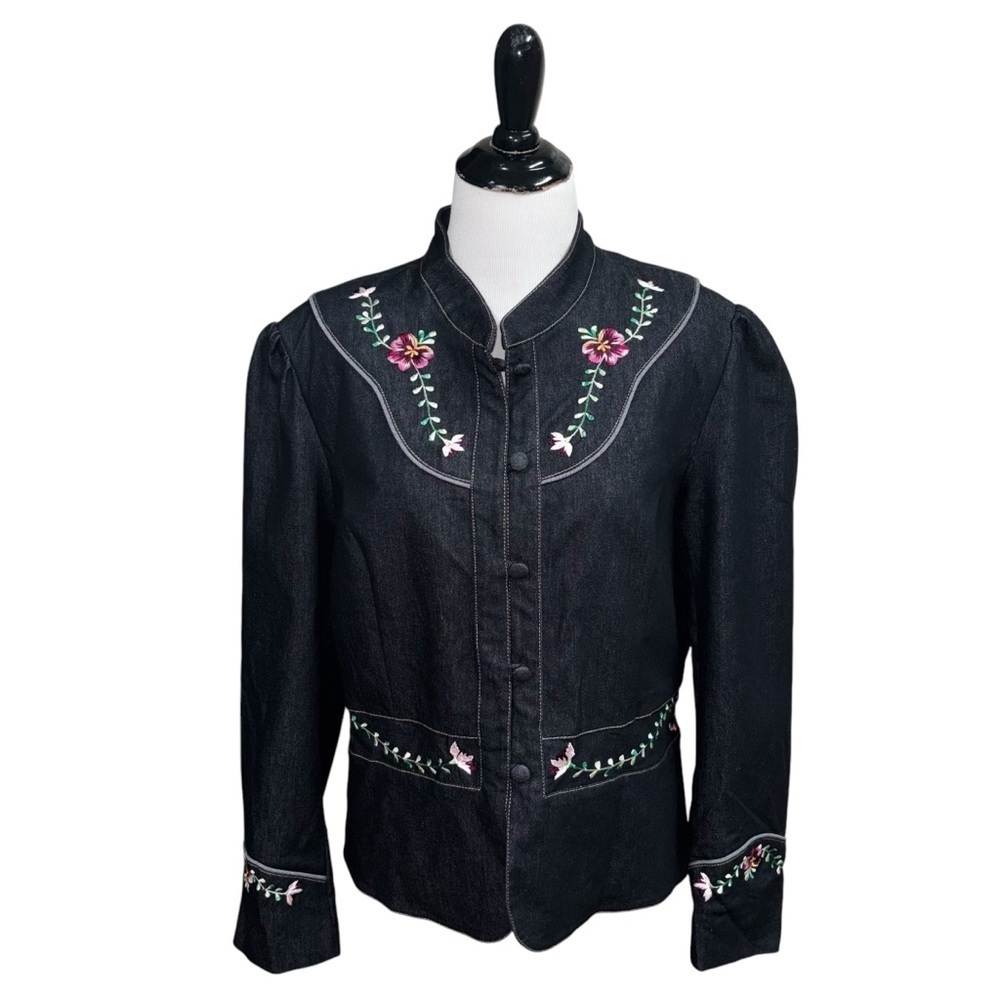 Haggar Women's Size 16 Chambray Trachten Jacket Floral Embroidery Pleated Sleeve